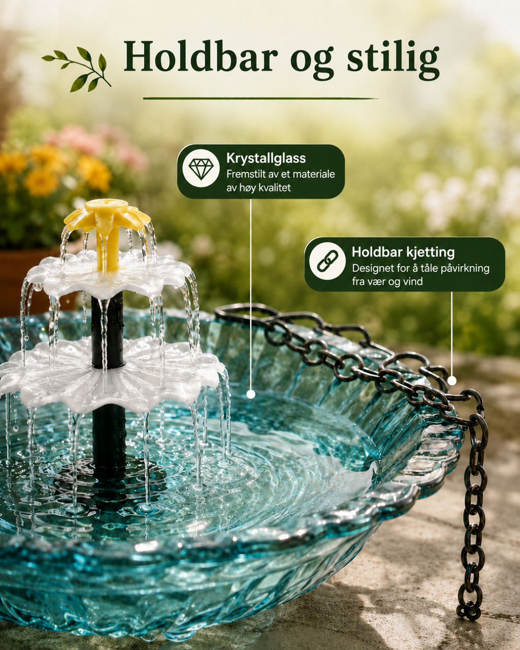 Sereneflow soldrevet kaskadefontene med fuglebad
