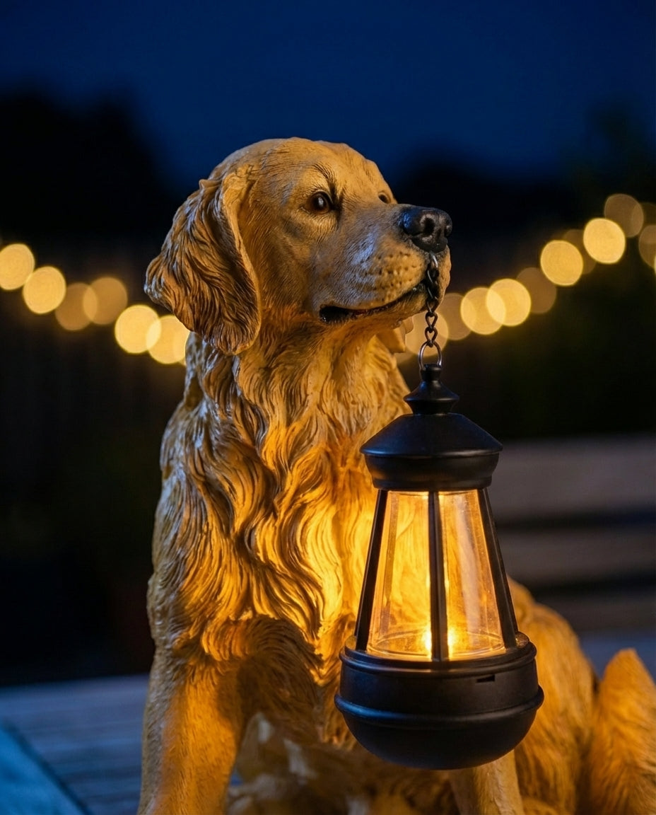 Solenergi hagestatuett av hund med LED-lykt | Værbestandig