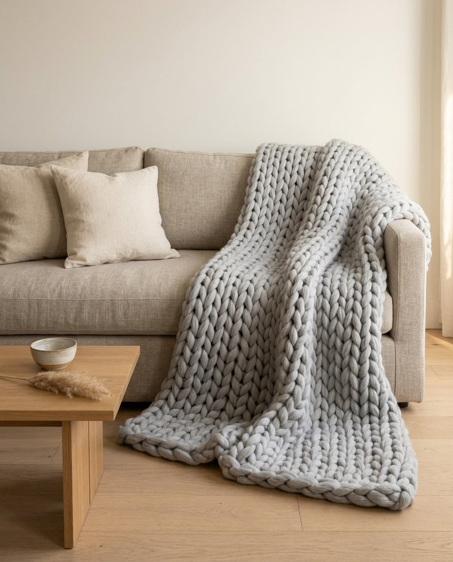 Chunky strikket pledd XL – Håndstrikket armstrikket teppe