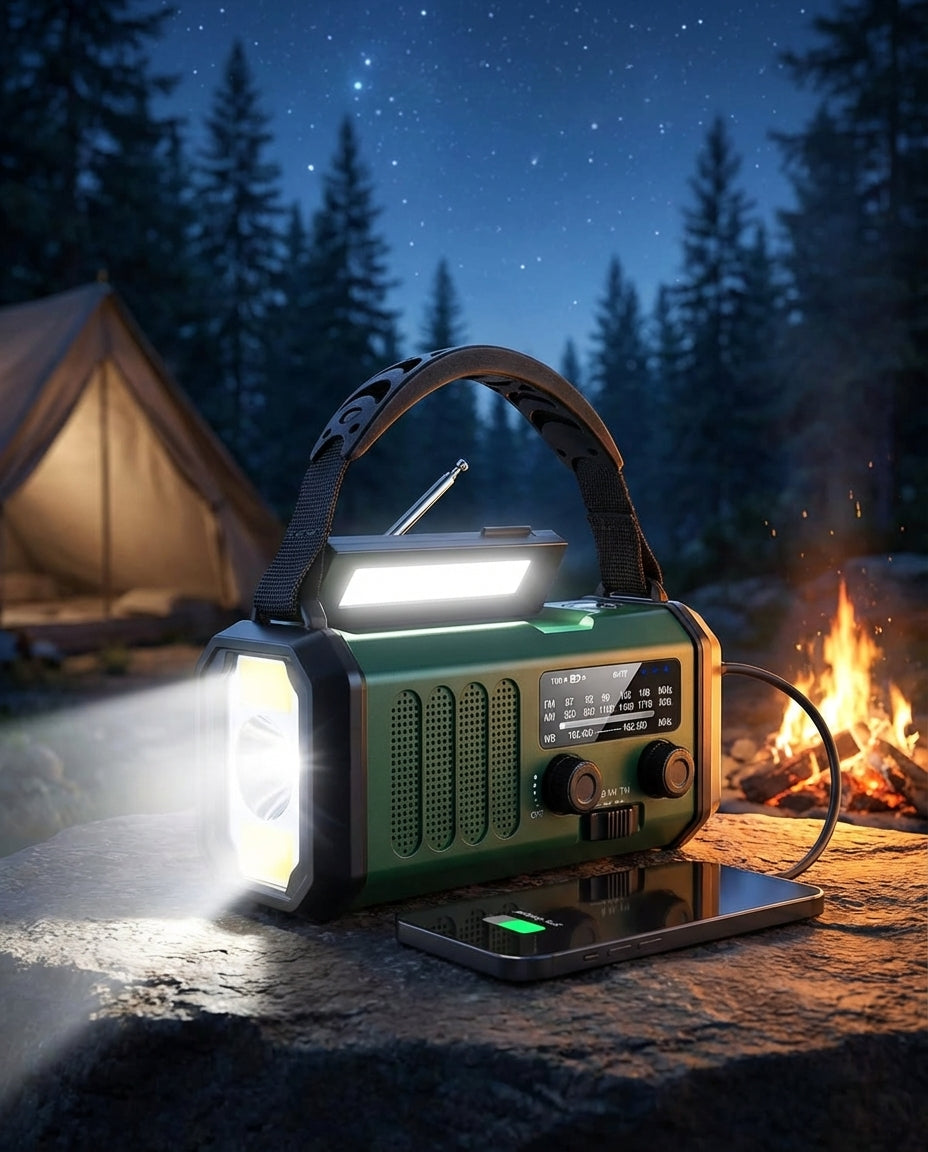 Solenergi nødradio og powerbank håndsveiv | LED-lykt