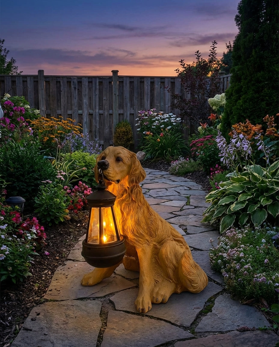 Solenergi hagestatuett av hund med LED-lykt | Værbestandig