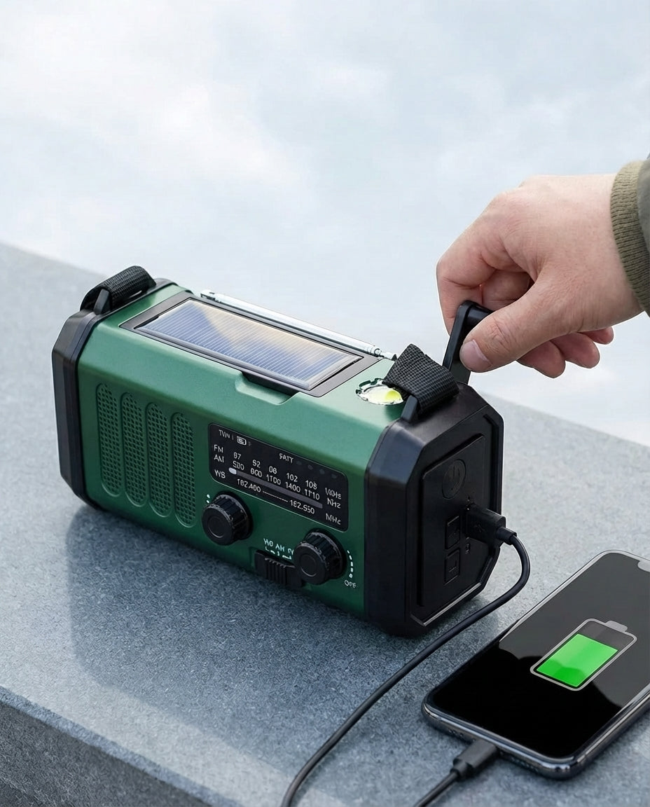 Solenergi nødradio og powerbank håndsveiv | LED-lykt