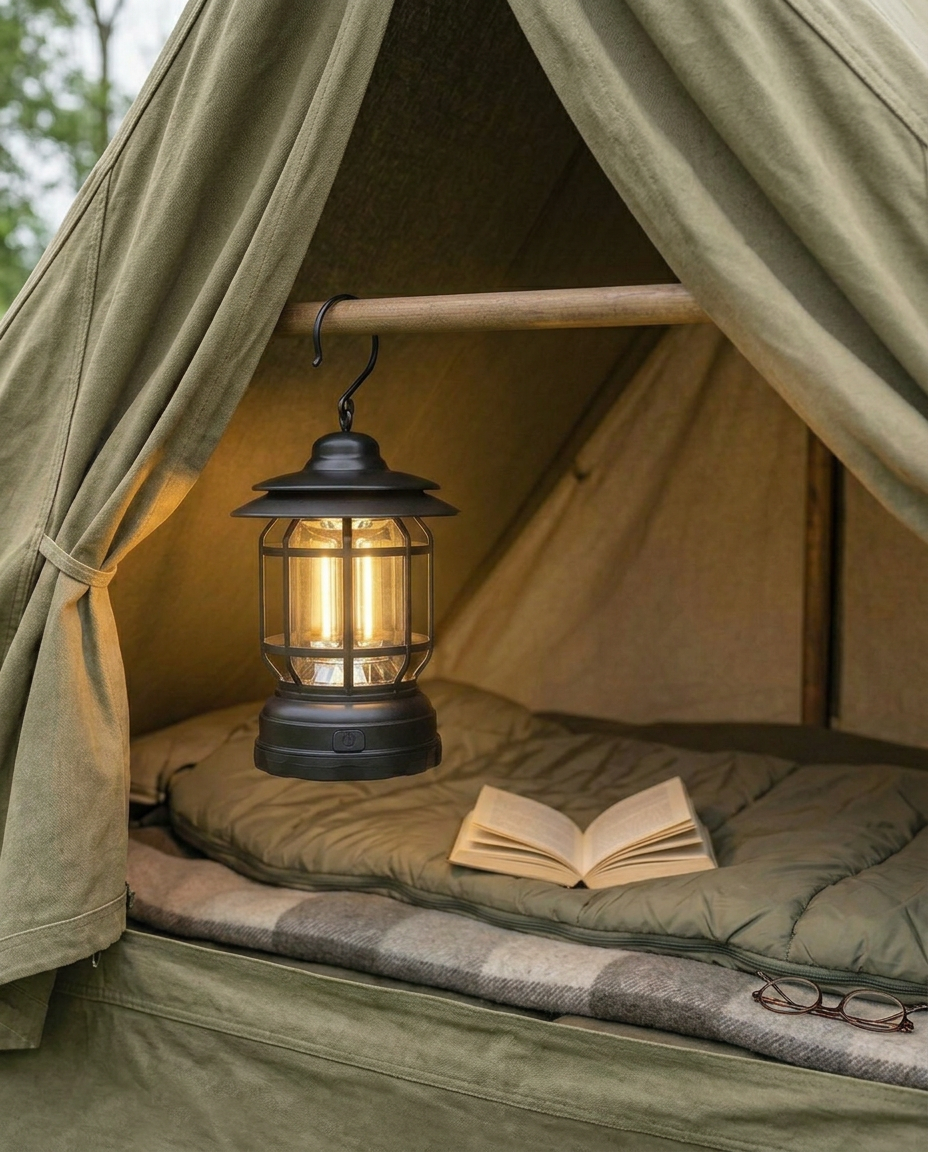 Retro campinglykt | Dempbar LED – USB-C og batteri