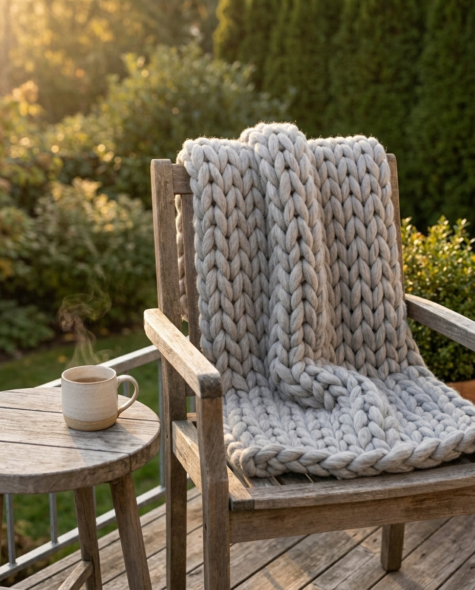 Chunky strikket pledd XL – Håndstrikket armstrikket teppe
