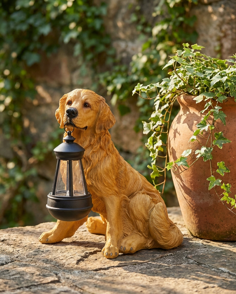 Solenergi hagestatuett av hund med LED-lykt | Værbestandig