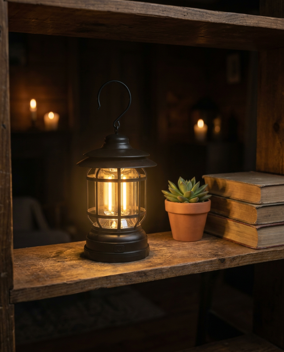 Retro campinglykt | Dempbar LED – USB-C og batteri