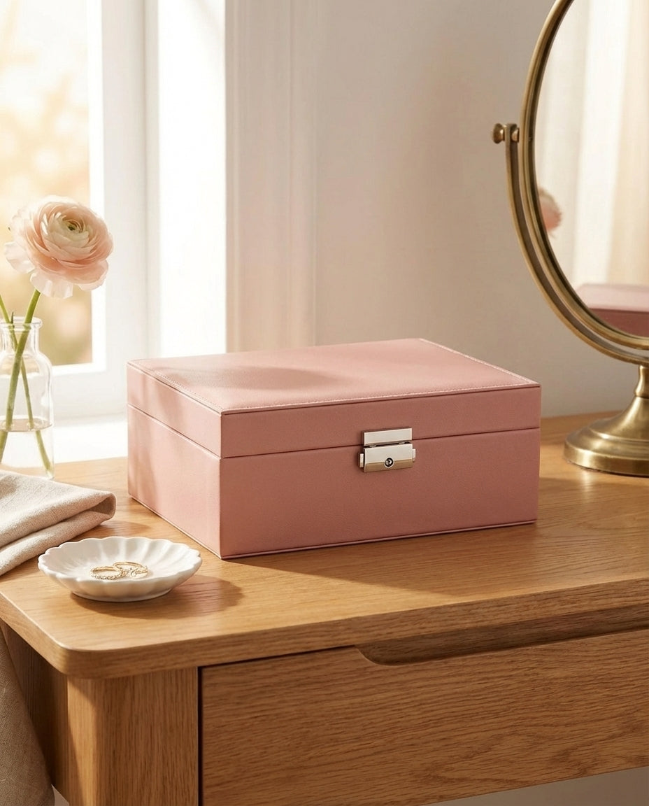 Dobbeltlags skinnsmykkeskrin | Låsbart organiser