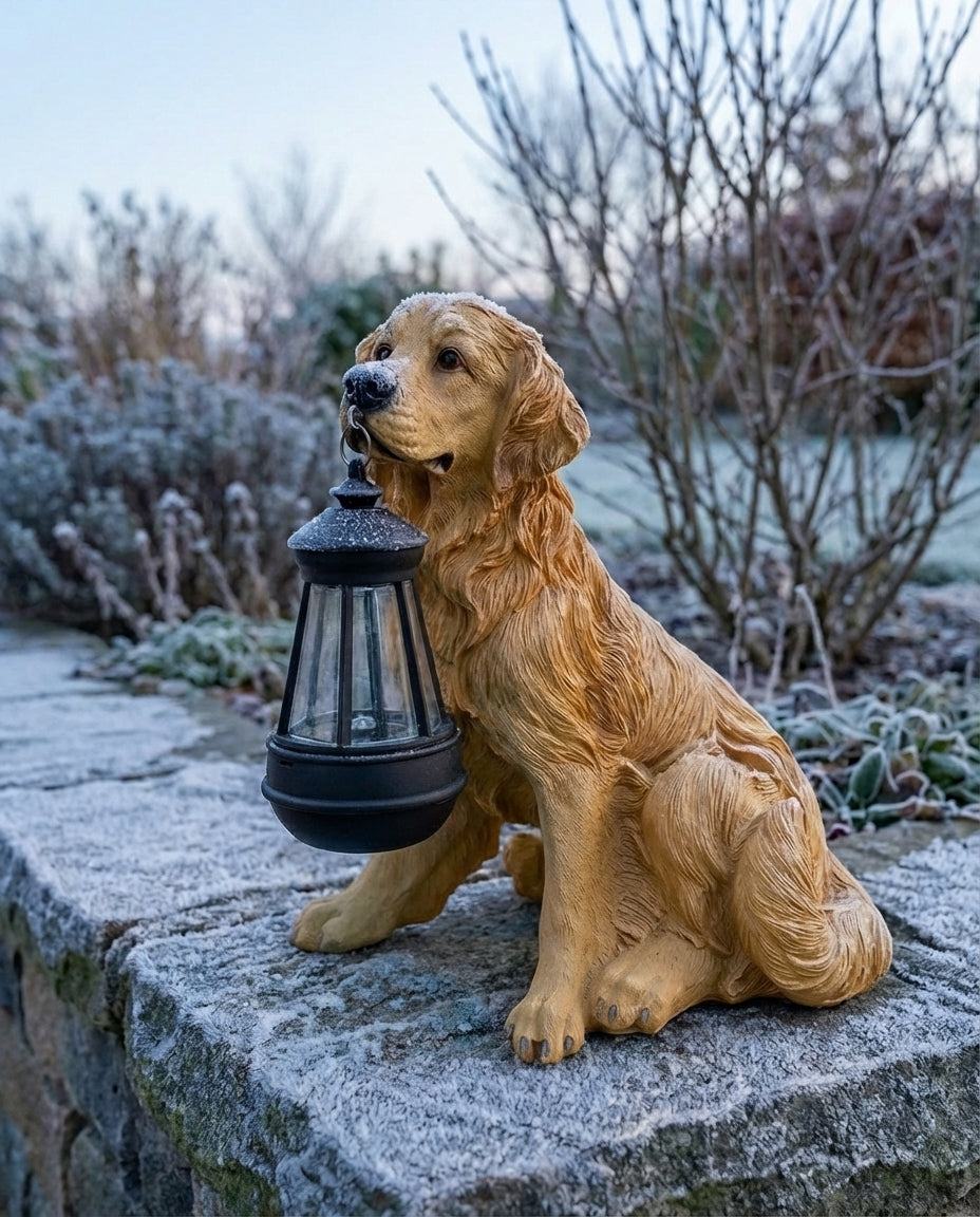 Solenergi hagestatuett av hund med LED-lykt | Værbestandig