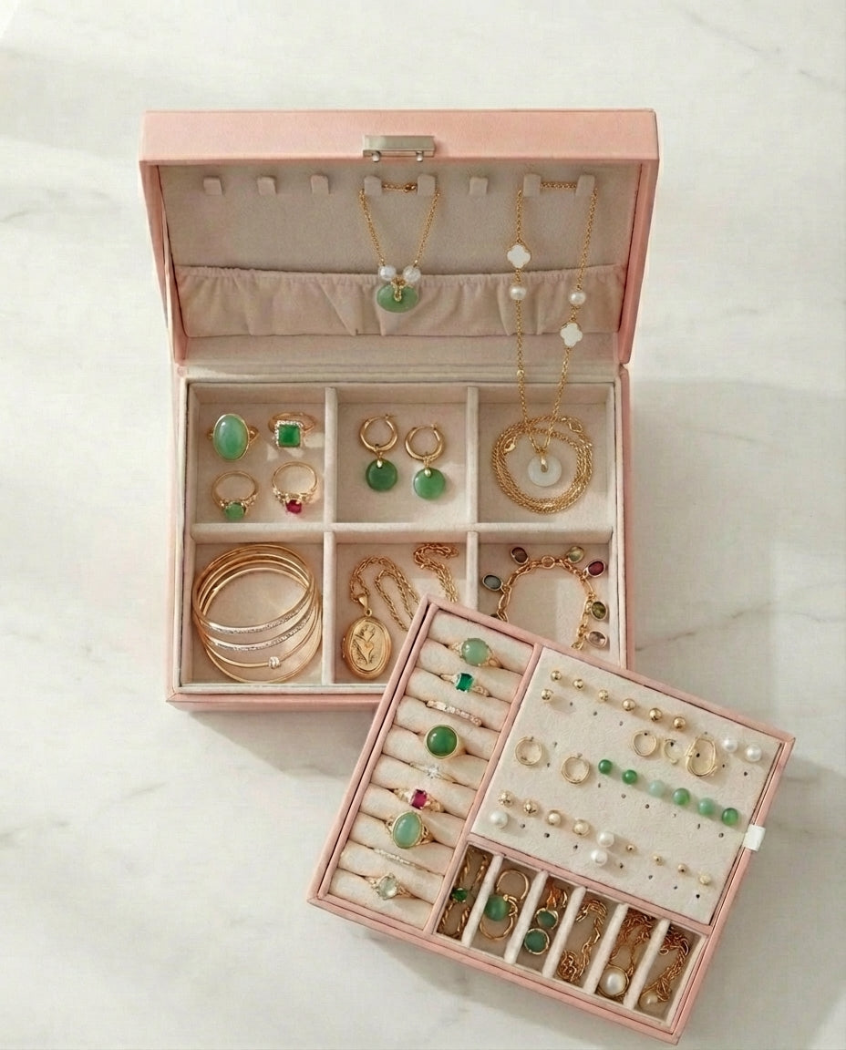 Dobbeltlags skinnsmykkeskrin | Låsbart organiser