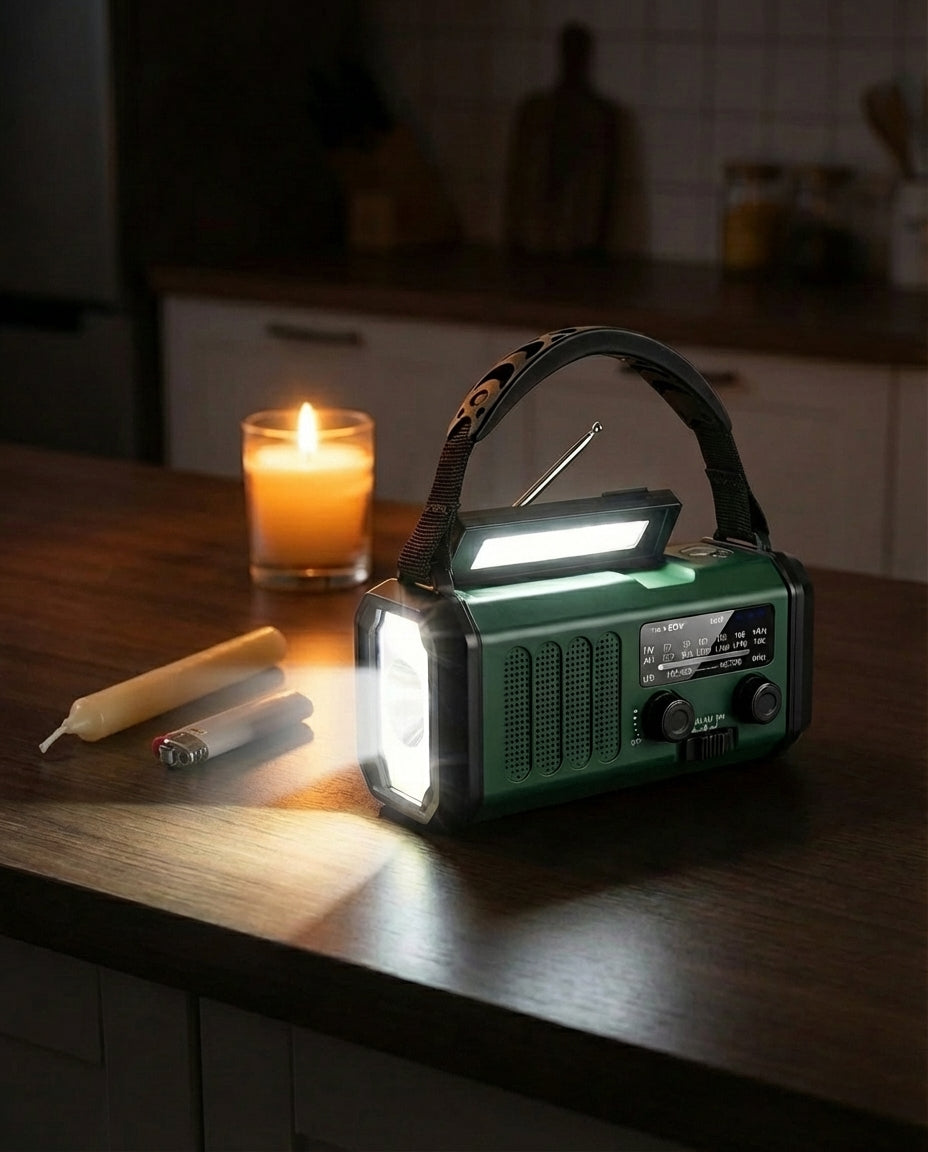 Solenergi nødradio og powerbank håndsveiv | LED-lykt