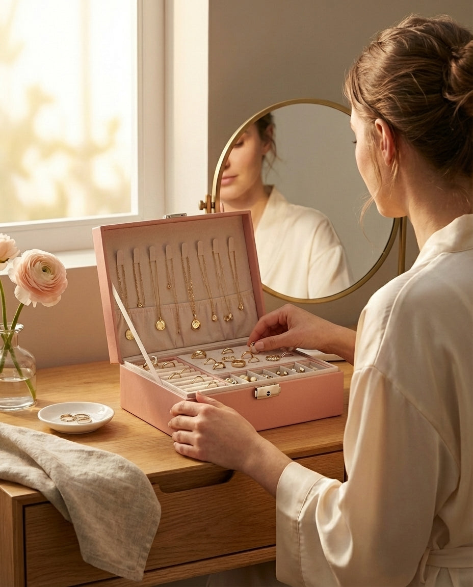 Dobbeltlags skinnsmykkeskrin | Låsbart organiser