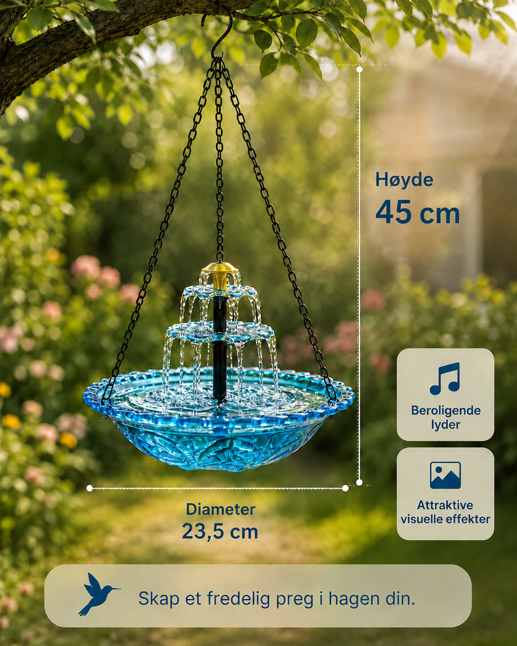 Sereneflow soldrevet kaskadefontene med fuglebad
