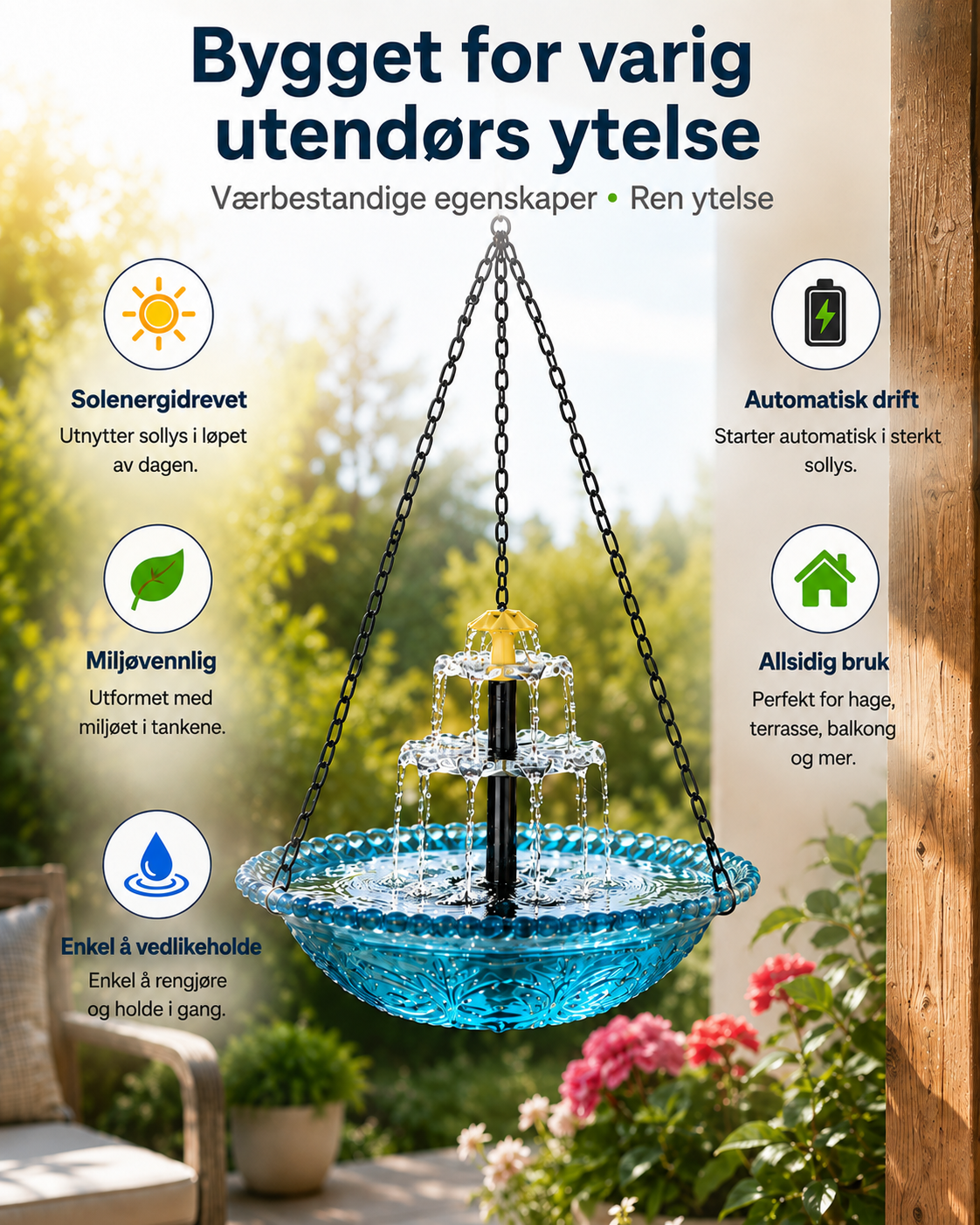 Sereneflow soldrevet kaskadefontene med fuglebad