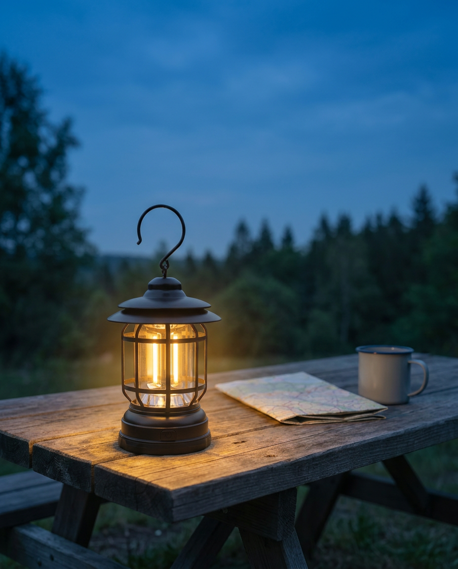 Retro campinglykt | Dempbar LED – USB-C og batteri
