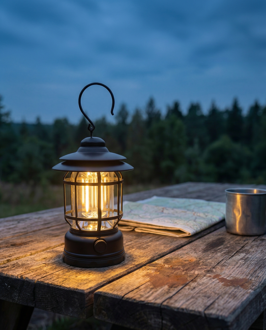 Retro campinglykt | Dempbar LED – USB-C og batteri