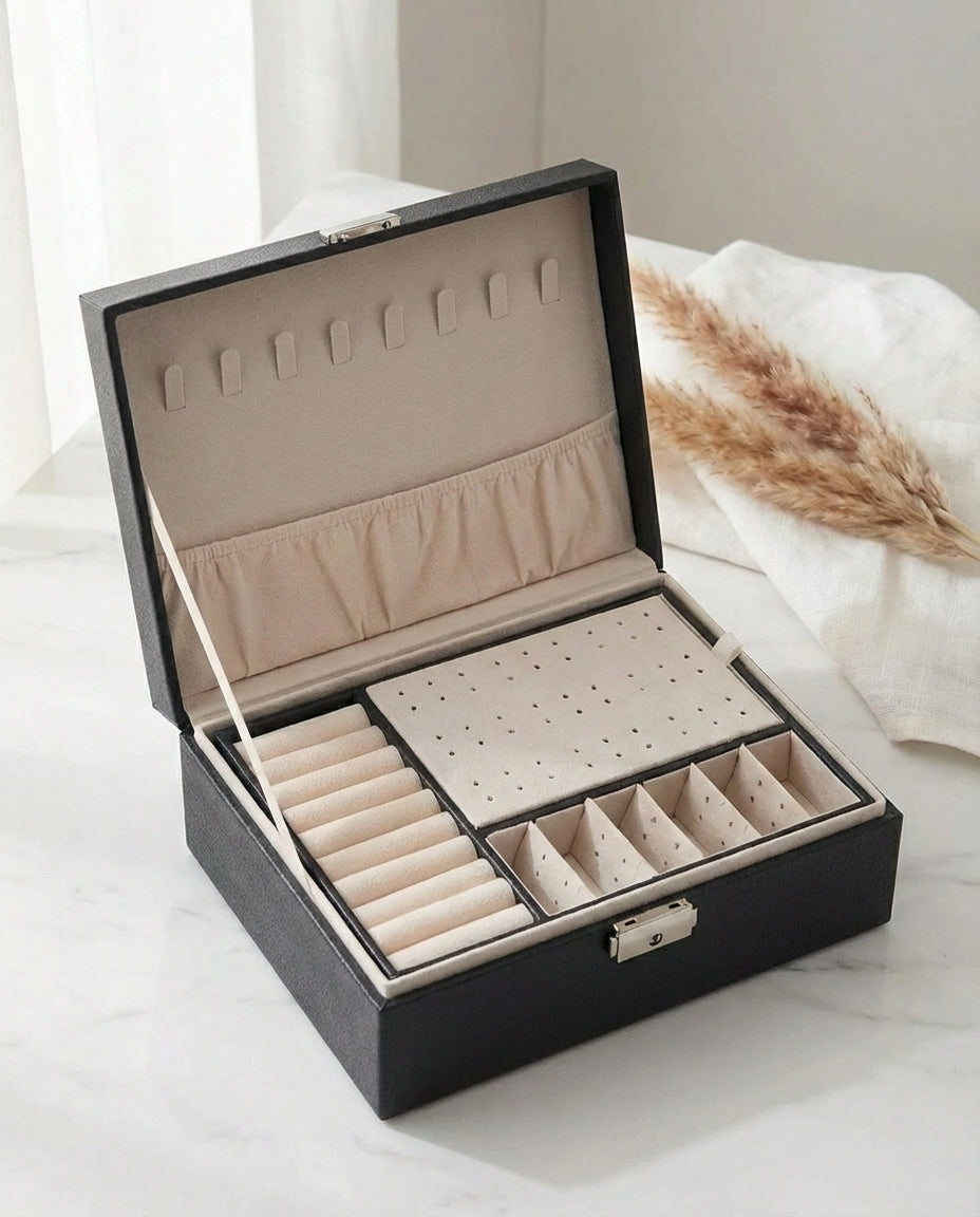 Dobbeltlags skinnsmykkeskrin | Låsbart organiser
