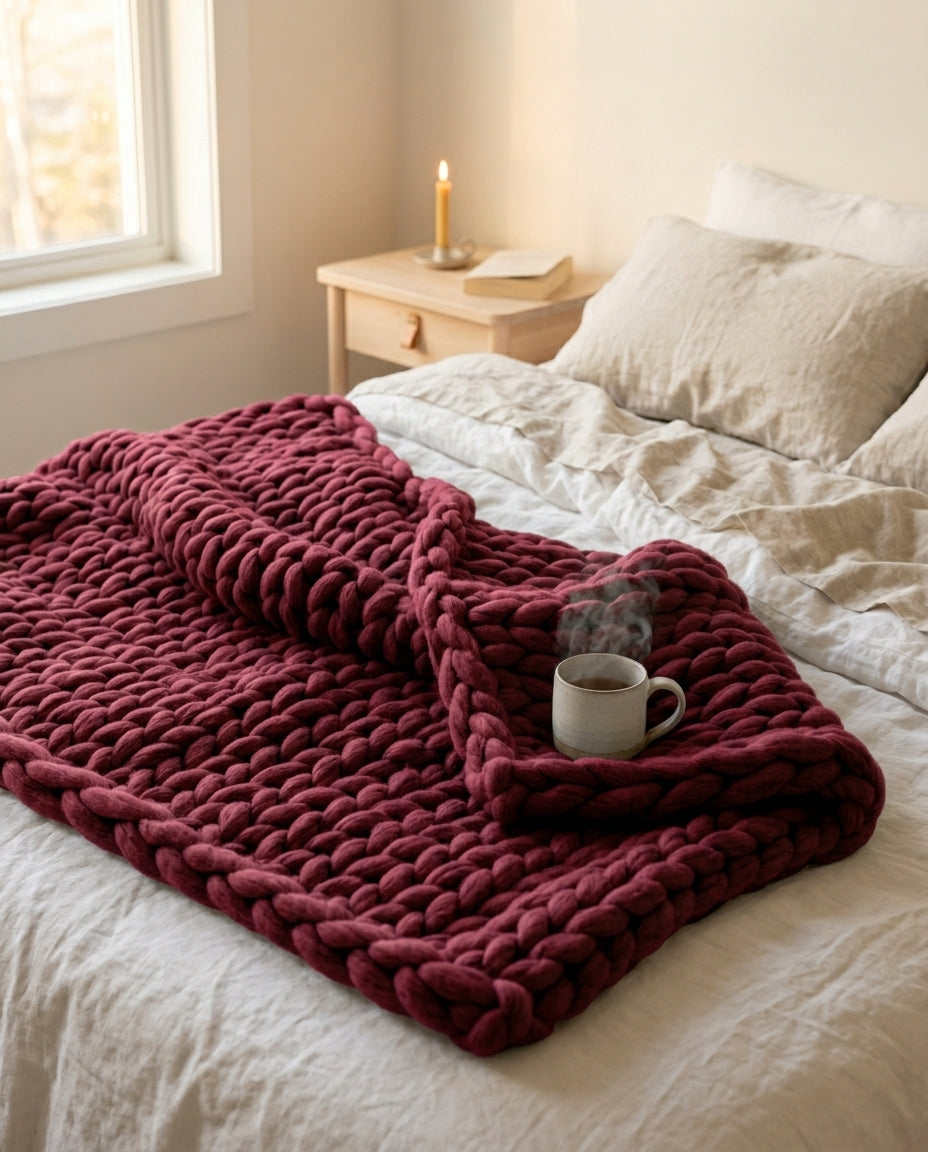 Chunky strikket pledd XL – Håndstrikket armstrikket teppe
