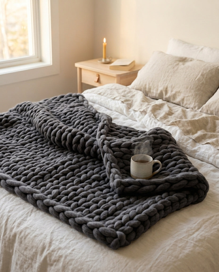 Chunky strikket pledd XL – Håndstrikket armstrikket teppe