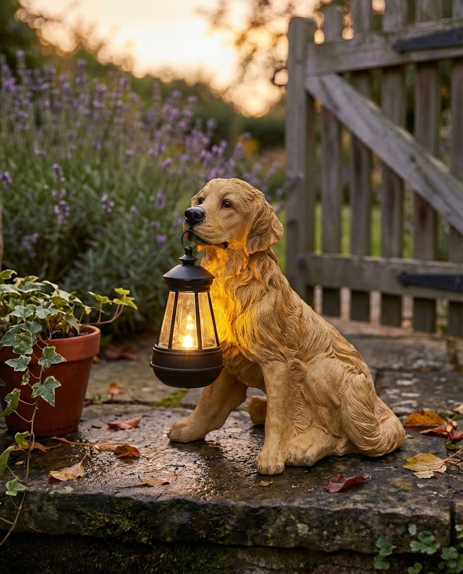 Solenergi hagestatuett av hund med LED-lykt | Værbestandig