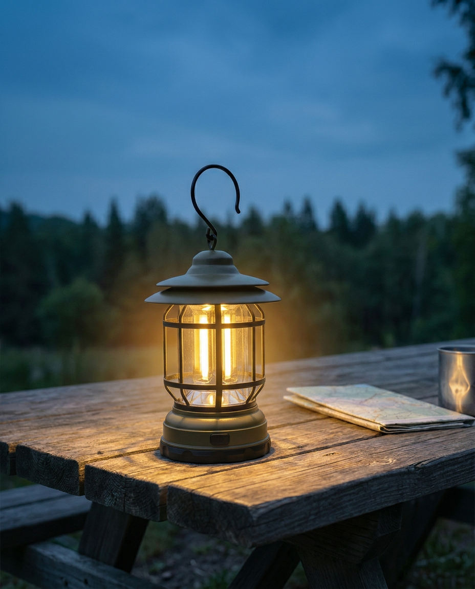 Retro campinglykt | Dempbar LED – USB-C og batteri