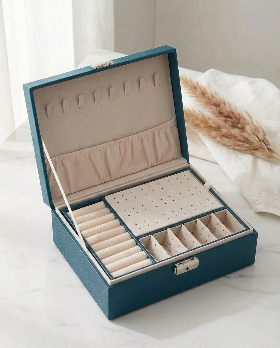 Dobbeltlags skinnsmykkeskrin | Låsbart organiser