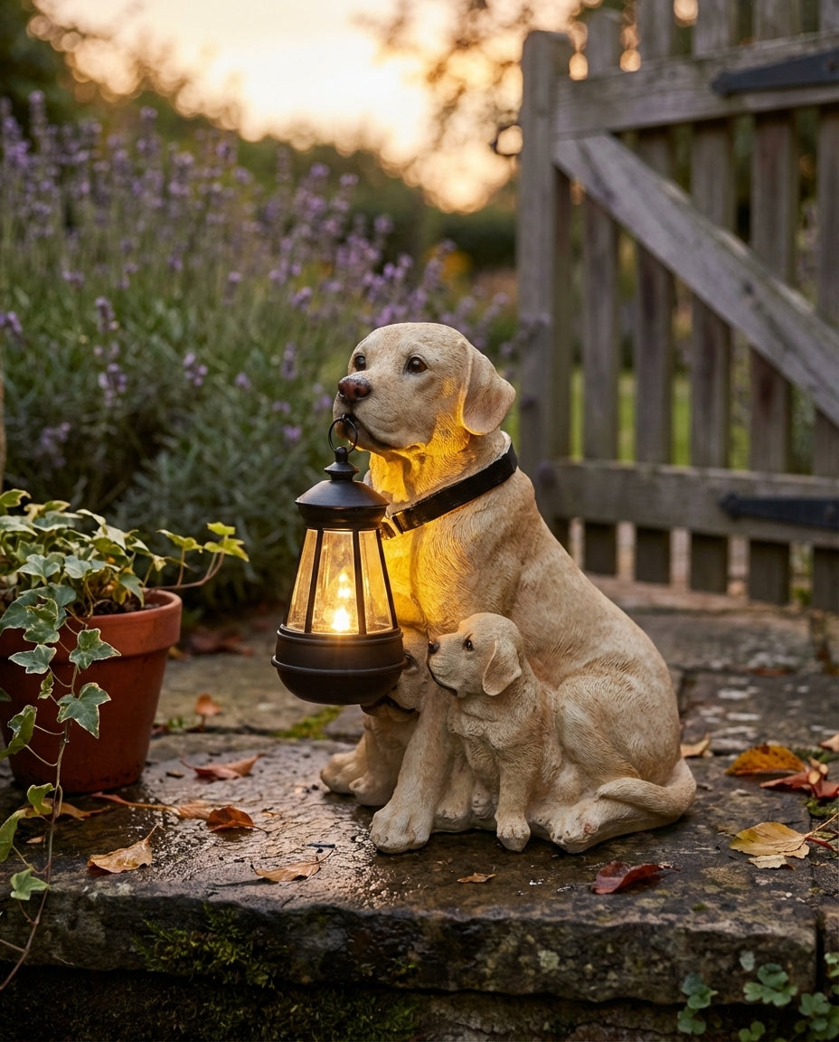 Solenergi hagestatuett av hund med LED-lykt | Værbestandig