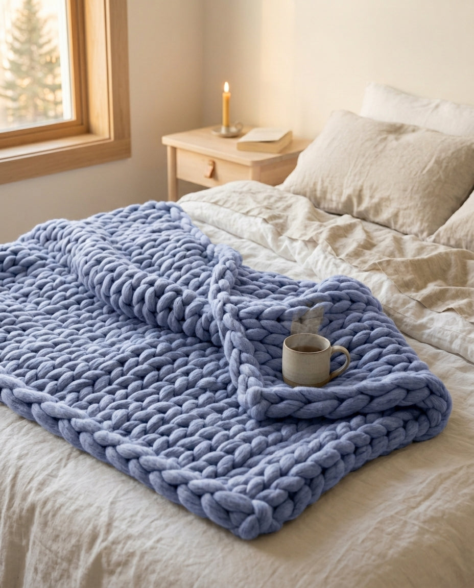 Chunky strikket pledd XL – Håndstrikket armstrikket teppe