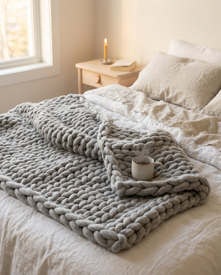 Chunky strikket pledd XL – Håndstrikket armstrikket teppe