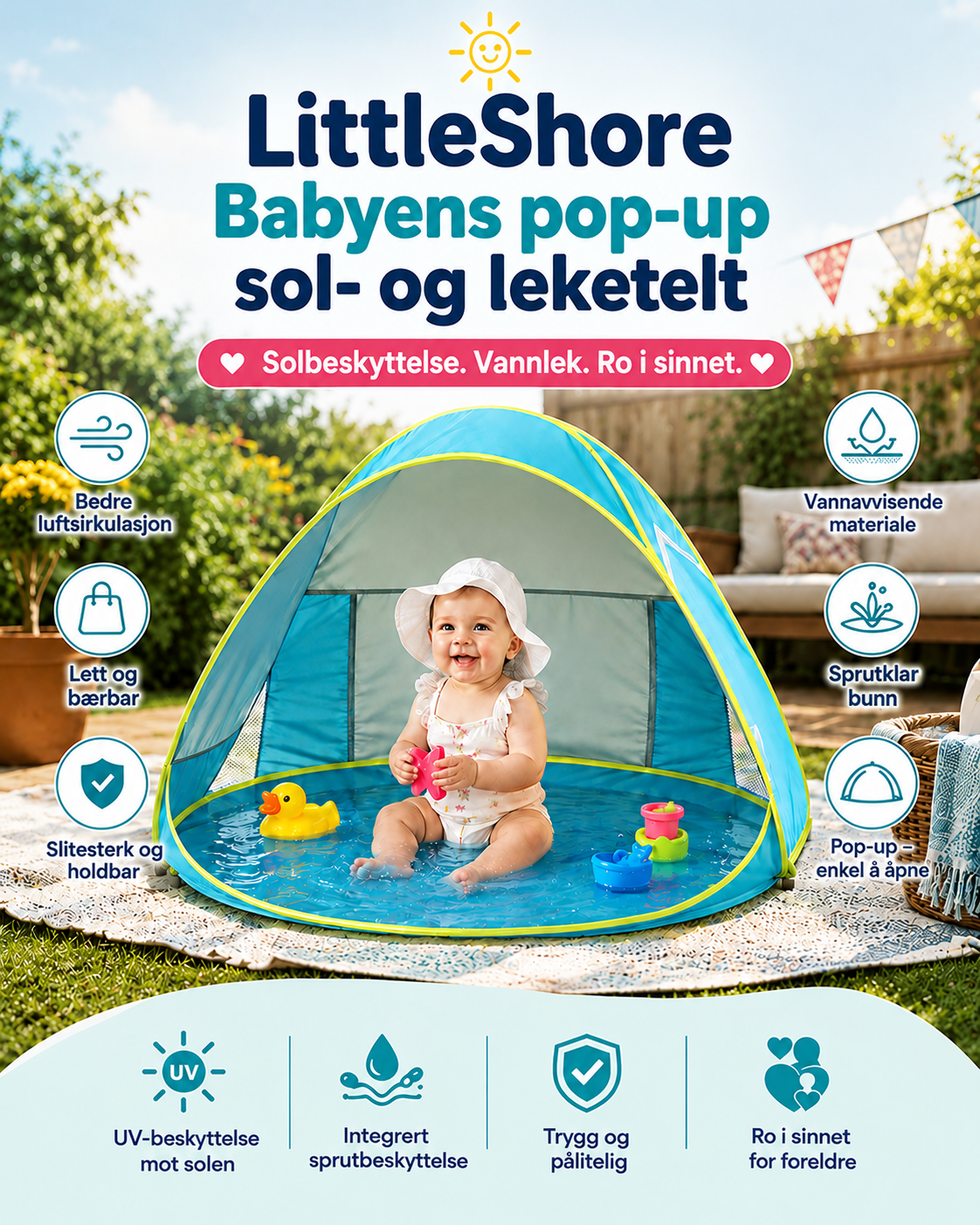 LittleShore Baby pop-up strandtelt med plaskebasseng