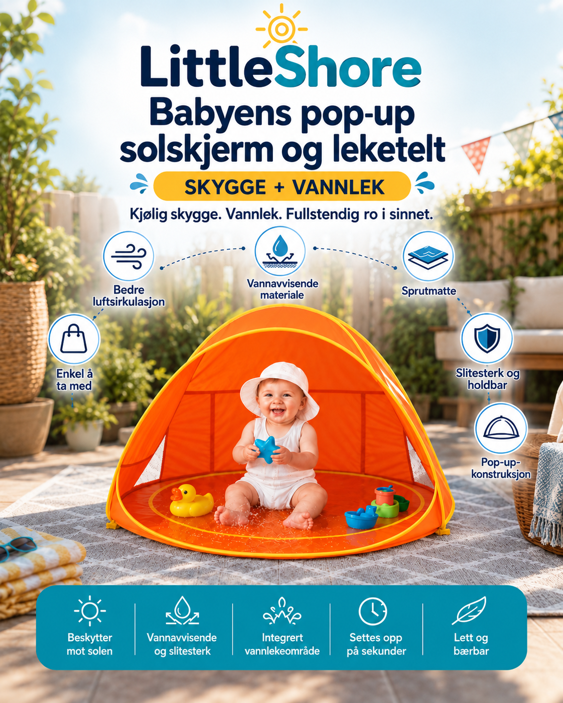 LittleShore Baby pop-up strandtelt med plaskebasseng