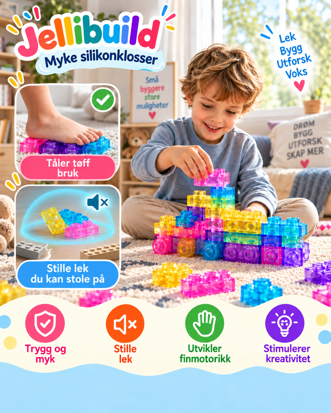 Jellibuild myke sensoriske silikonklosser