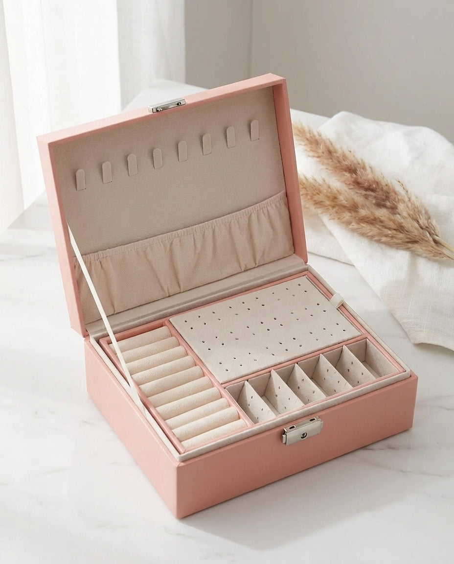 Dobbeltlags skinnsmykkeskrin | Låsbart organiser