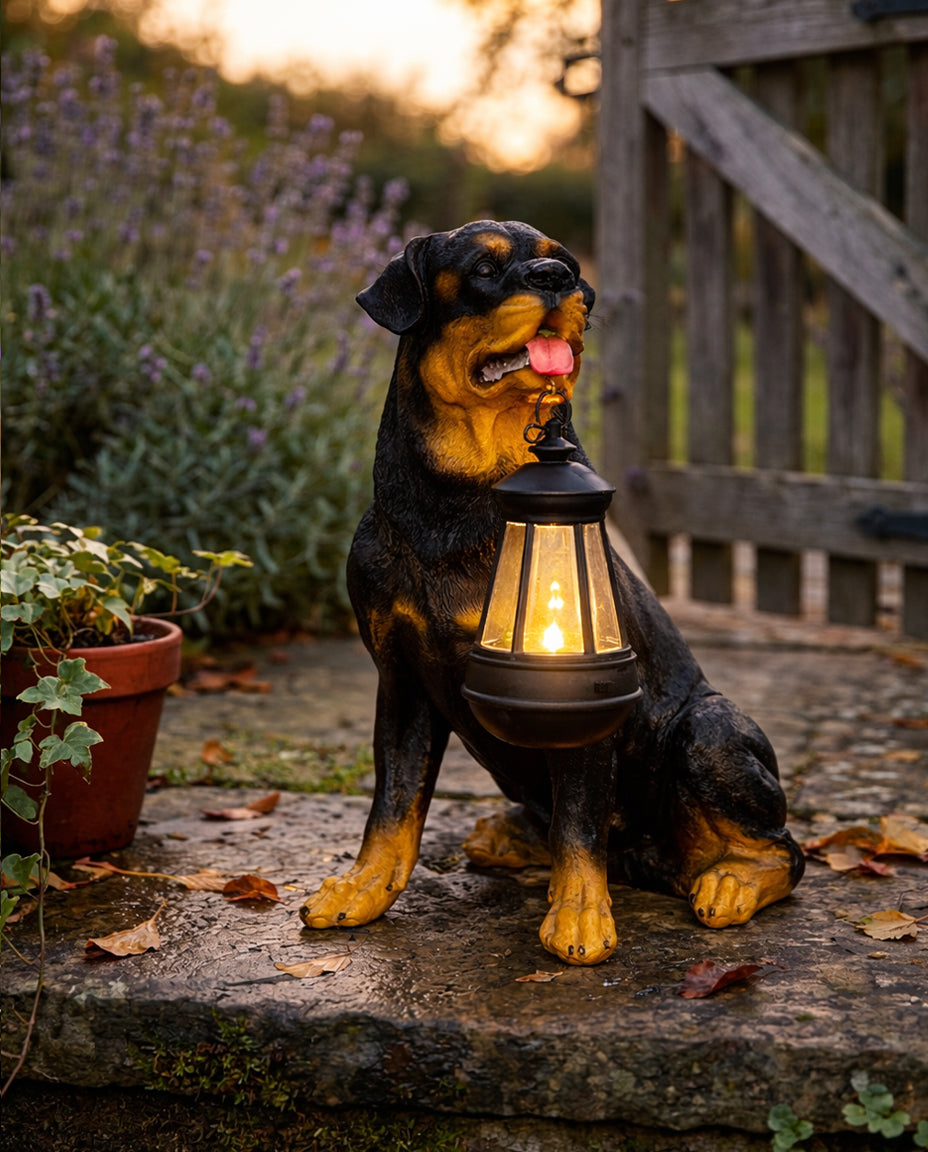 Solenergi hagestatuett av hund med LED-lykt | Værbestandig