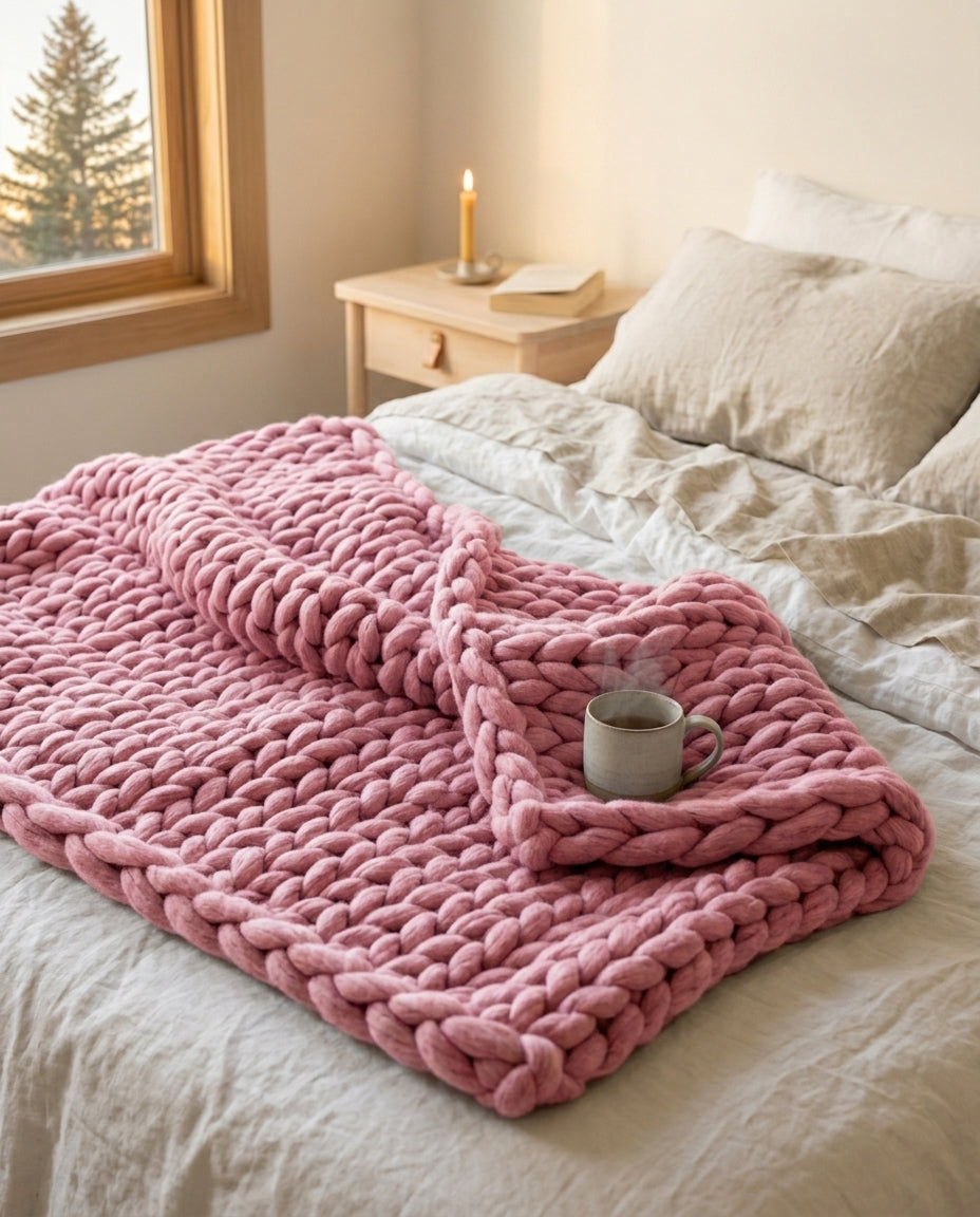Chunky strikket pledd XL – Håndstrikket armstrikket teppe