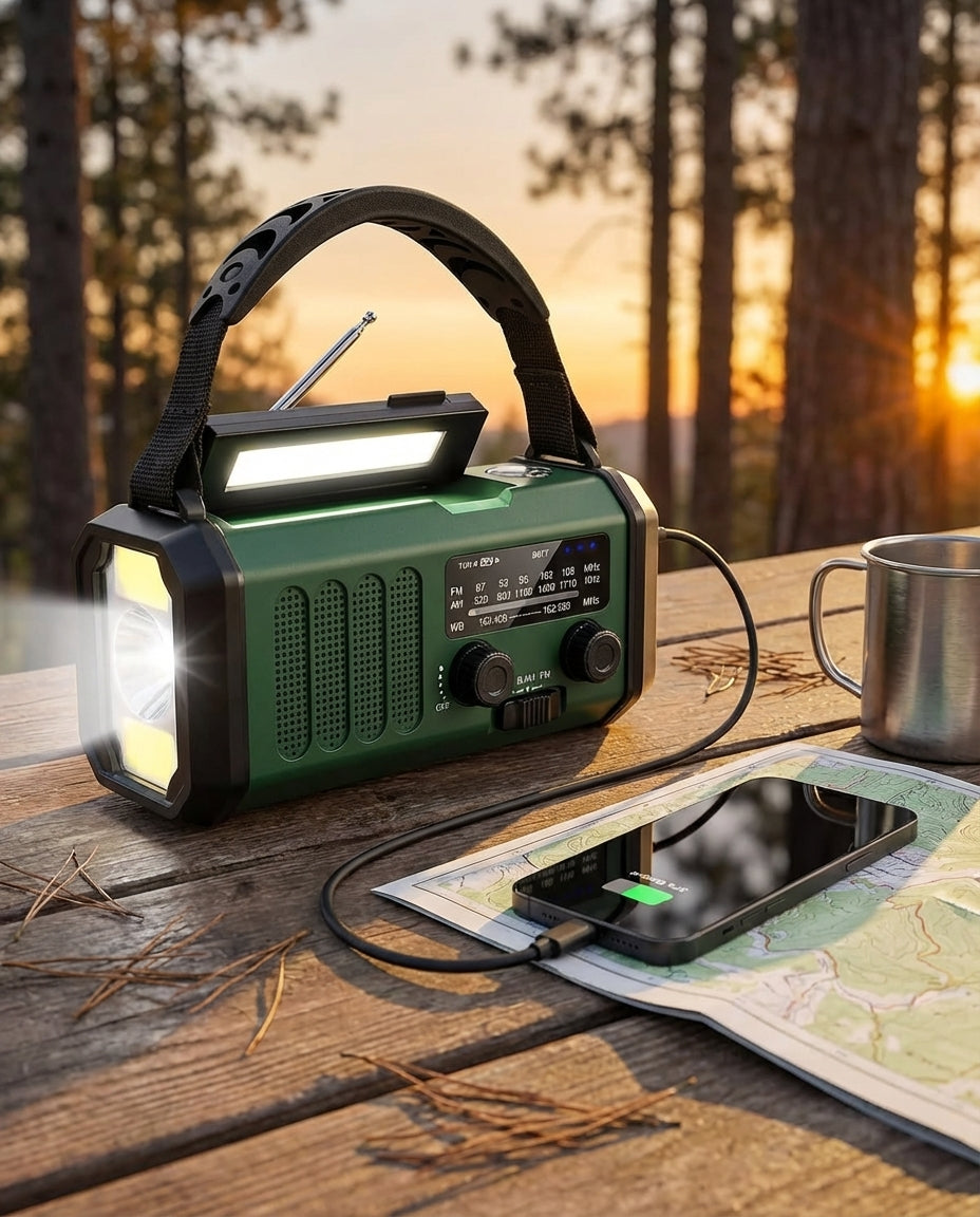 Solenergi nødradio og powerbank håndsveiv | LED-lykt