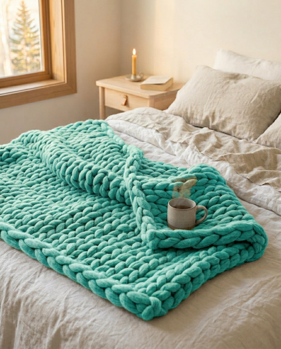 Chunky strikket pledd XL – Håndstrikket armstrikket teppe