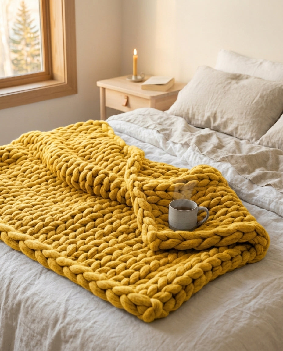 Chunky strikket pledd XL – Håndstrikket armstrikket teppe
